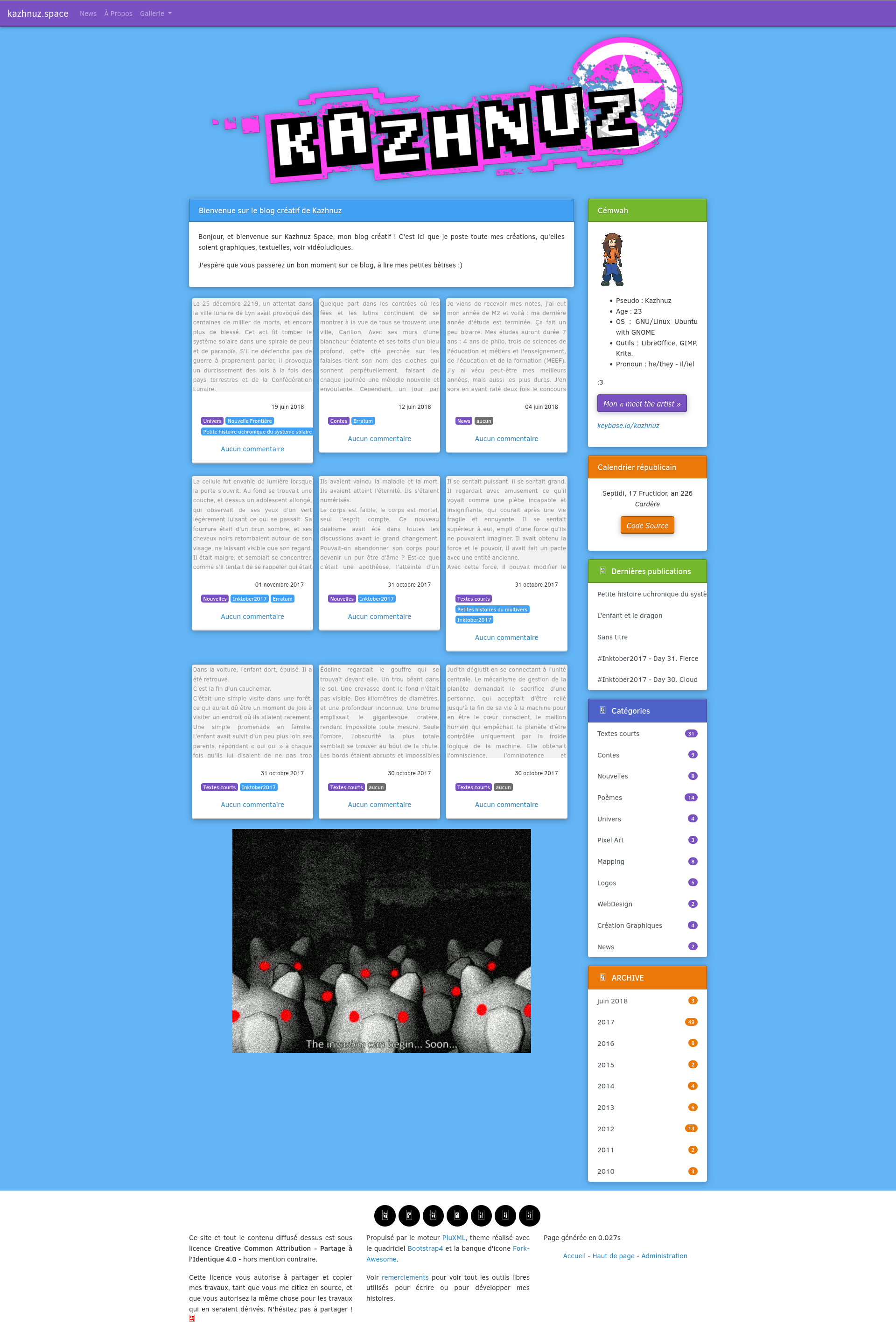 Un design du blog sur fond bleu ciel. Les éléments on des doubles bordures d'un pixels de large. Une navbar violette est en haut de la page, avec kazhnuz.space, Création et Liens. Une zone de présentation de site est présent en dessous en marron, puis une liste de lien avec un titre sur fond violet. Un onglet avec écrit Cémwah avec un avatar pixelisé et une desccription. En dessous, un bouton keybase.io/kazhnuz et un pronoun.is/he?or=they. En dessous, un calendrier républicain avec un titre en orange puis des catégories. Un footer en blanc