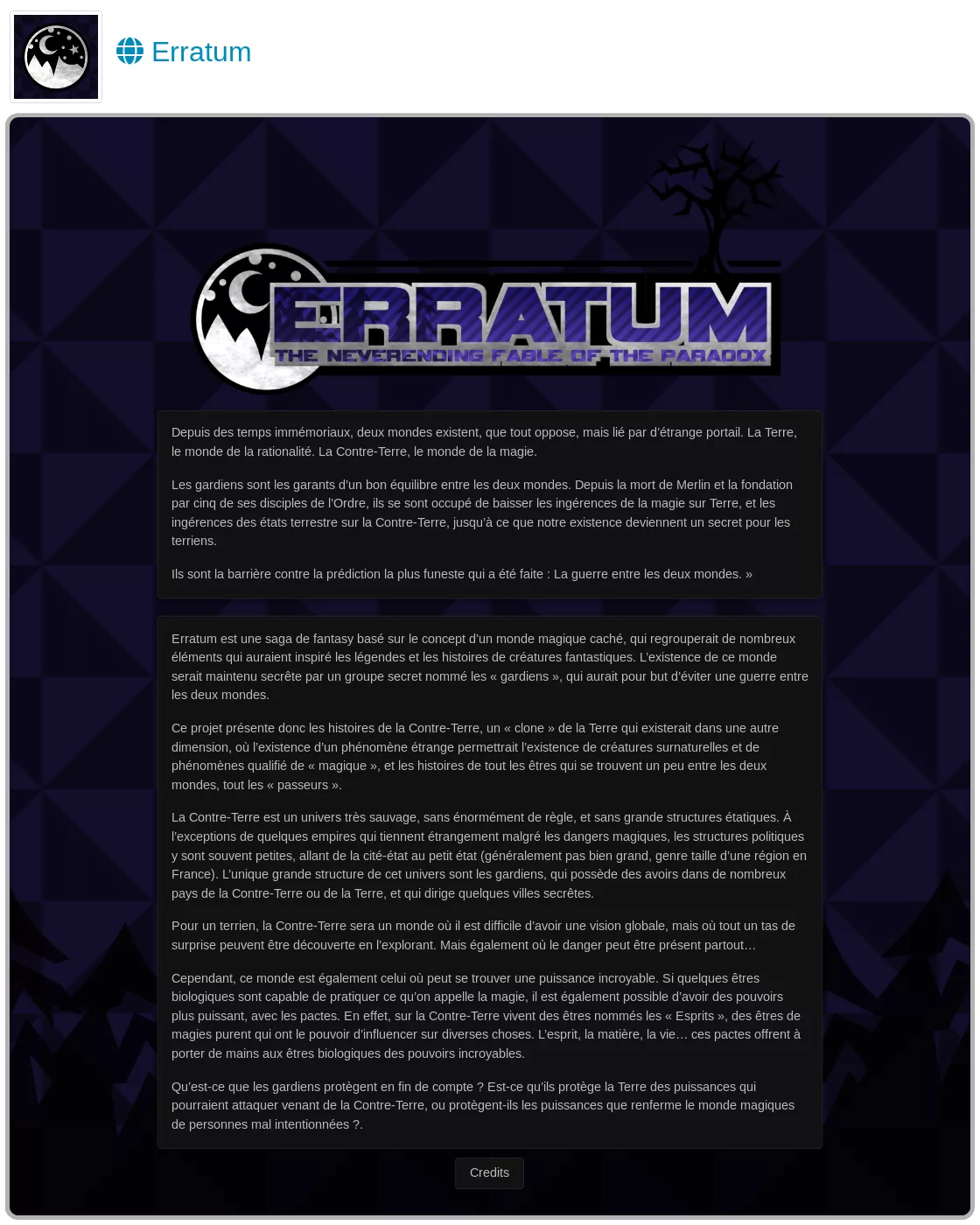 Un design de page avec un fond géométrique sur deux gammes de violet. En bas de la page se trouve dans le fond des images d'arbres pour faire une forêt de nuit. Un logo violet et gris à d'écrit erratum et the neverending fable of paradox deux card sur fond noir sont pr sente en dessous contenant des descriptions de texte un bouton crédit est bas