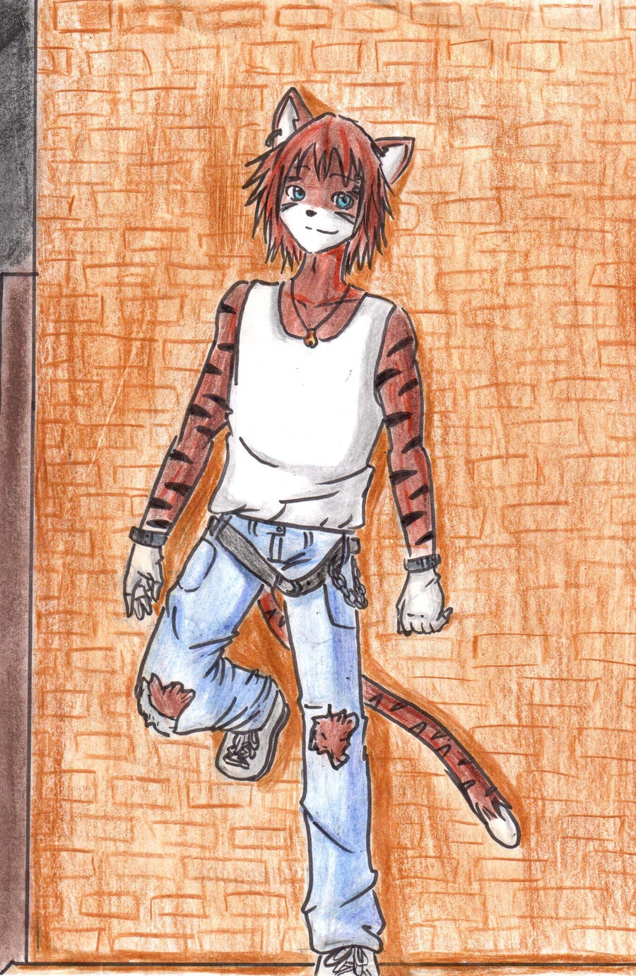 Un design de Slayer Blackwind, un chat anthromorphique tigré avec un pentalon déchiré et un débardeur blanc. Il porte une petite clochette autour du cou