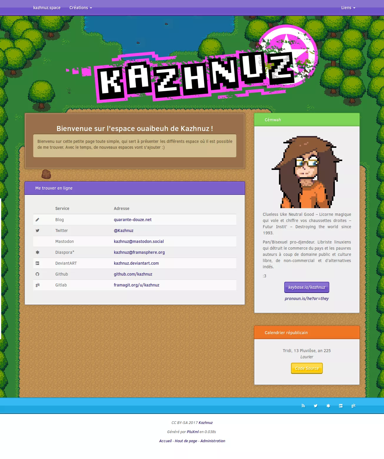 Un design basé sur des aspects vieux RPG. Les éléments on des doubles bordures de deux pixels de large. Une navbar violette est en haut de la page, avec kazhnuz.space, Création et Liens. Une zone de présentation de site est présent en dessous en marron, puis une liste de lien avec un titre sur fond violet. Un onglet avec écrit Cémwah avec un avatar pixelisé et une desccription. En dessous, un bouton keybase.io/kazhnuz et un pronoun.is/he?or=they. En dessous, un calendrier républicain avec un titre en orange. Un footer en blanc, avec une navebar en cyan.