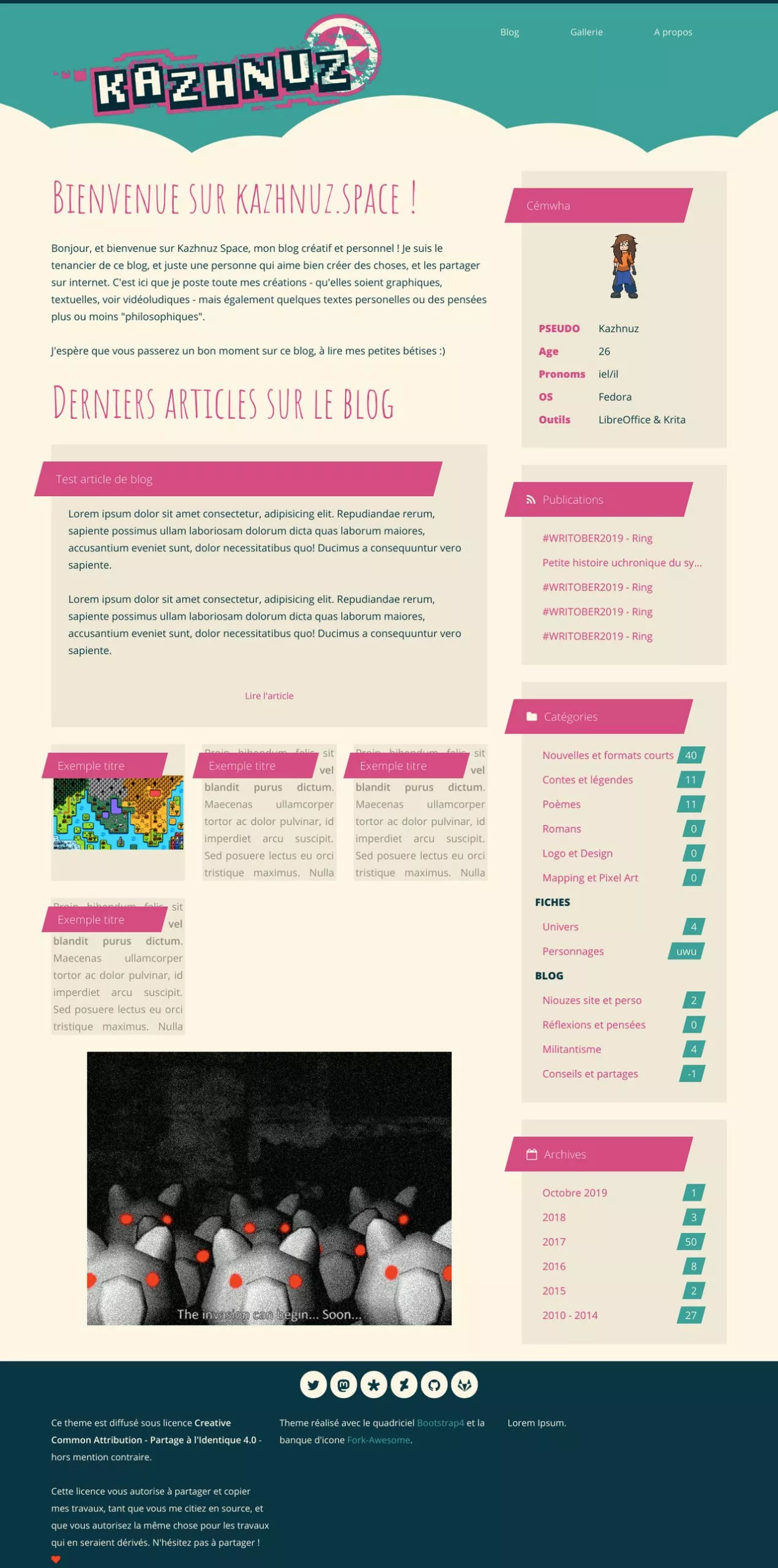 Un design de blog solarizé, avec une esthétique affiche. La couleur d'accent est rose, et les titres utilisé des biseau. Le design est en deux colonne, la principale à le contenu et des preview en sorte de boite, et la sidebar à les catégories et trucs du genre. Les couleurs ont moins de contraste que celui du site présent. Le header à un ciel intégré, comme celui-là