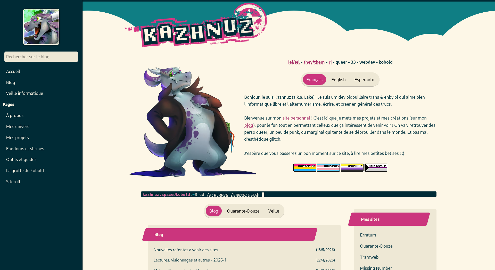 Un design de site, avec une sidebar permettant de naviguer. Tout est en couleurs solarizé - les ton clair sont jaunes et les sombres bleu. Le contenu principal contient un message d'accueil, avec à côté un kobold à oreille de chèvre. Plusieurs boutons en dessous indique que je suis trans, enby, demisexuel et pansexuel.