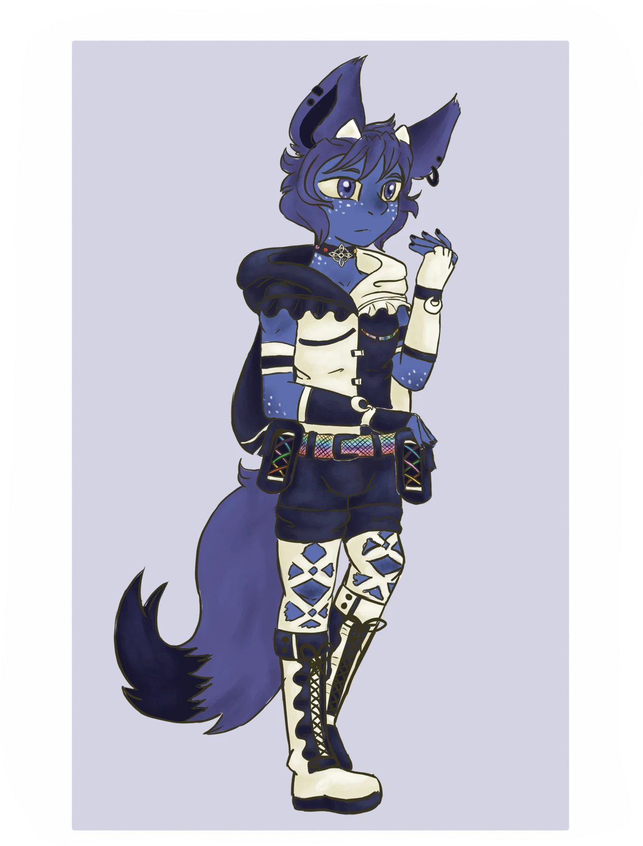 Sophrosyne, une sorte de renarde anthro bleu avec des cornes, en tenue de magical girl blanche et noire, avec une ceinture arc-en-ciel. Elle a quelque percing à l'oreille