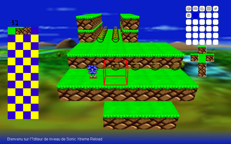 Un éditeur de niveau, pour faire des niveaux très blocky. Sonic y est visible de dos, quelques anneaux sont placé.