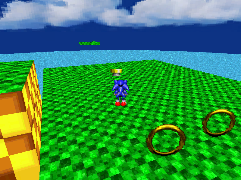 Sonic, de dos, dans un terrain très "blocky" typé green hill