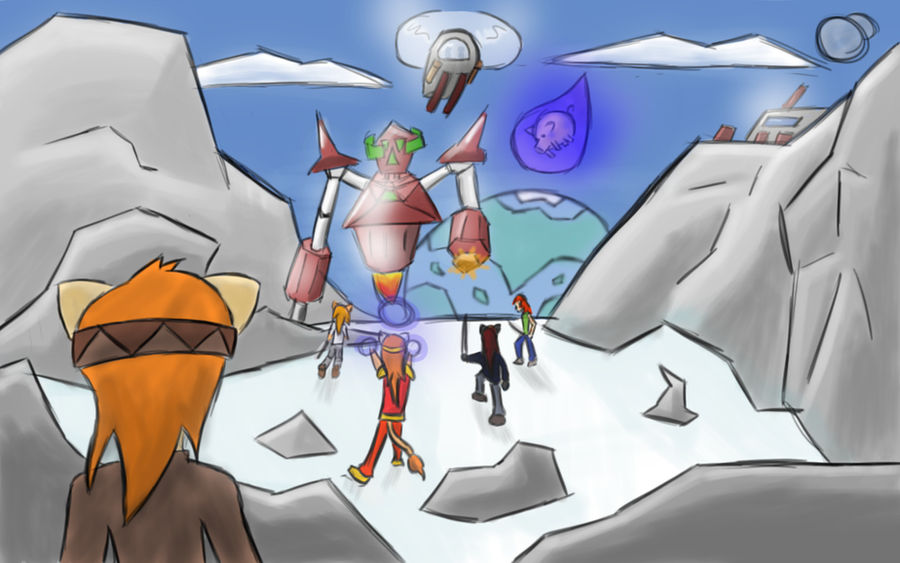 Dans des montagnes enneigée, des lions anthro affrontent un mécha et un robot volant. Un petit lion anthro regarde de loin. On voit une planete dans le ciel.