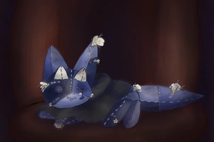 Une version peluche de Sophrosyne, une sorte de renarde anthro bleu avec des cornes. La peluche à une cape