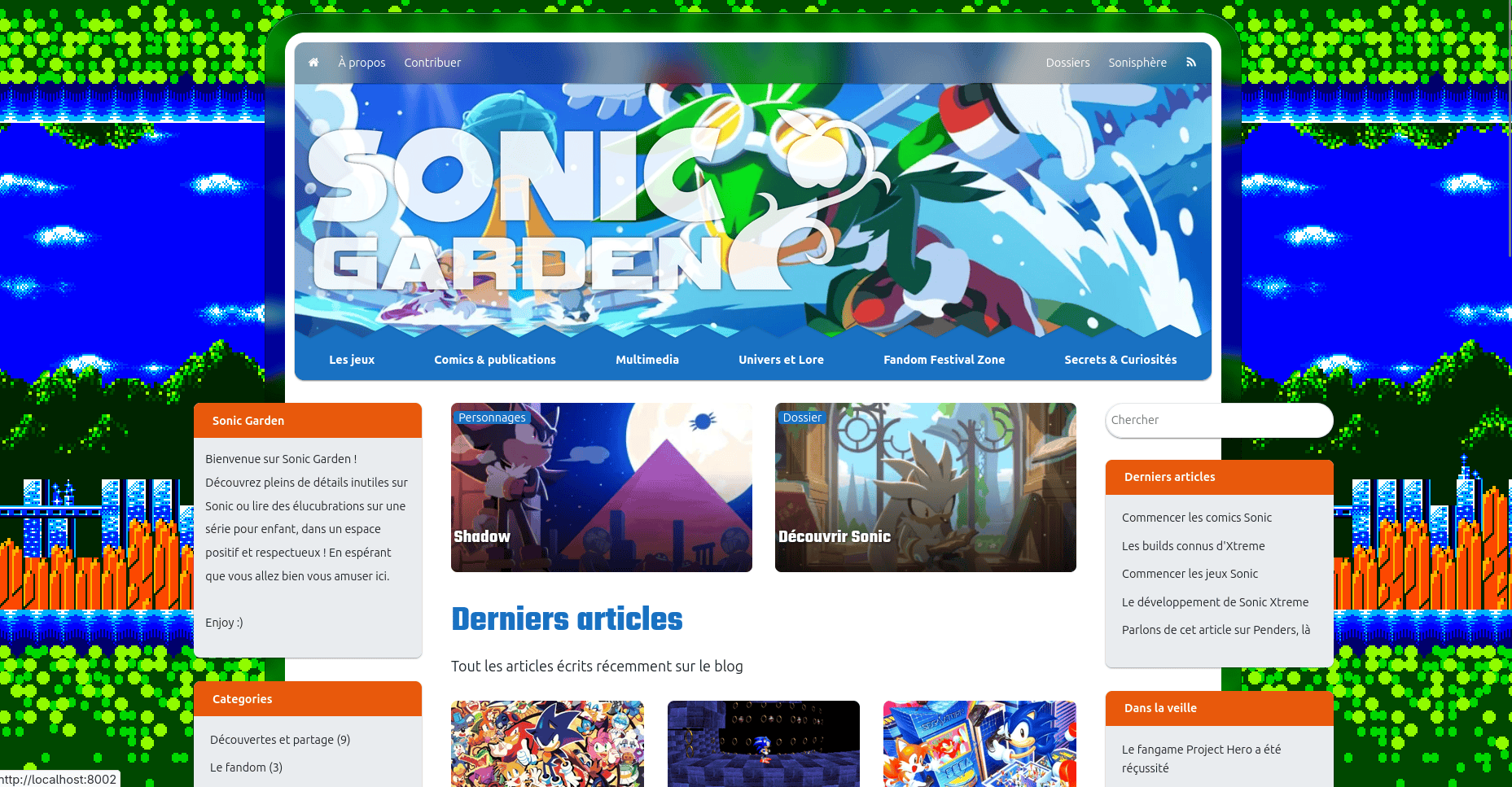 Le haut d'un fansite Sonic. On y voit un fond avec un aspect naturel, Jet sur le planche de airboard qui surfe sur l'eau est le logo Sonic Garden. La sidebar y possède des titres sur des fonds oranges, et l'ambiance est très inspirée de Windows 7
