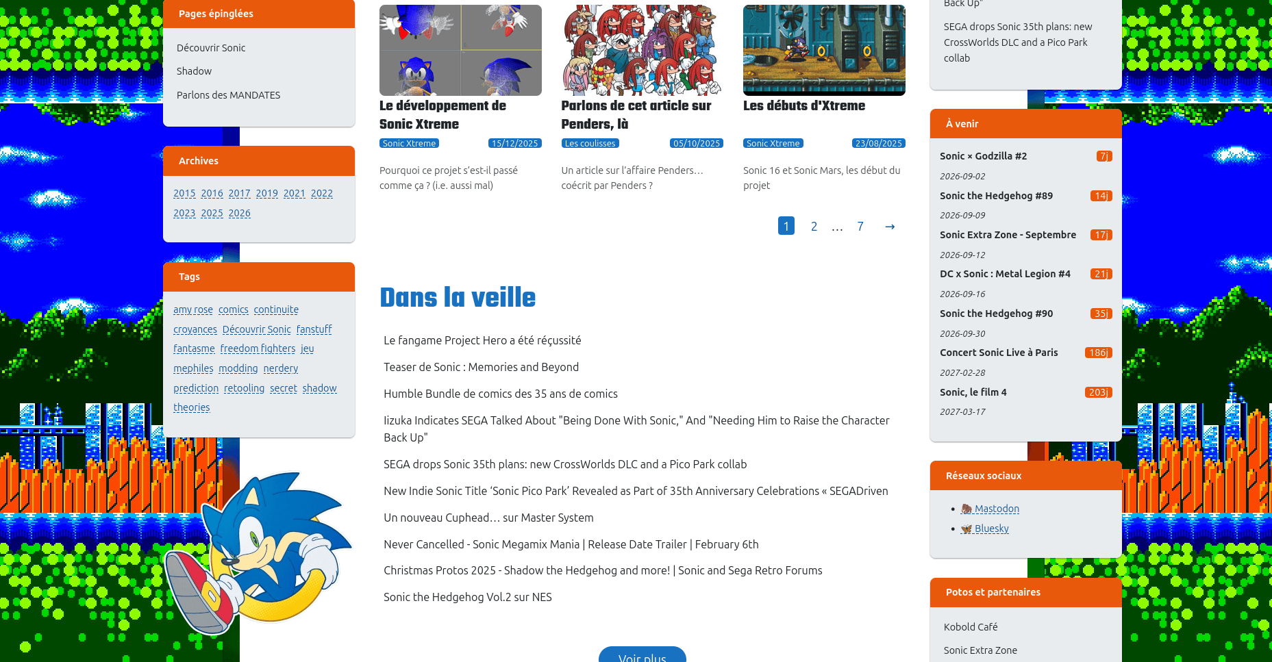 Le millieu du même site, on y voir surtout des articles avec des miniatures, et une liste d'évenement à venir.