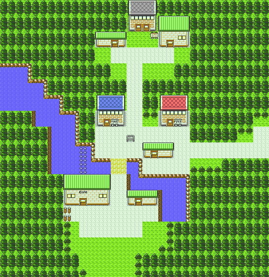 Une petite ville avec une rivière qui la coupe en deux