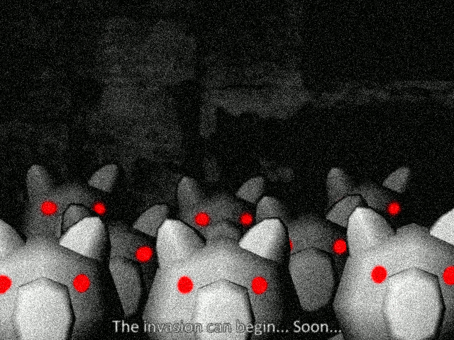 Des cochons dans une image avec un effet de vieille télévision statique en noir et blanc