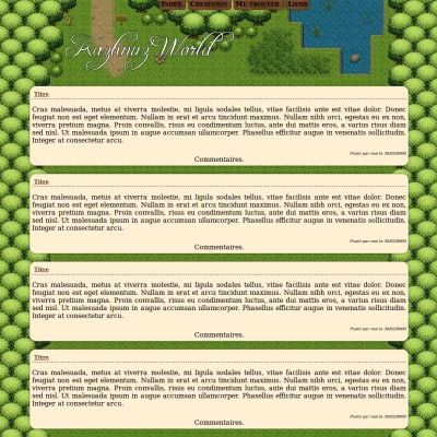 Un design de site web. Le fond est composé d'arbre, avec au centre une sorte de petit chemin d'herbe. En haut est une petite clairière avec des arbres, fleurs, et un petit étang. Par dessus est écrit Kazhnuz World. Tout en haut se trouve quatre lien, dans des sortes d'onglets de bois : Index, Creations, Me trouver, Liens.En dessous se trouve une série d'article en lorem ipsum, composé de carte avec un ton un peu blanc-solarisé