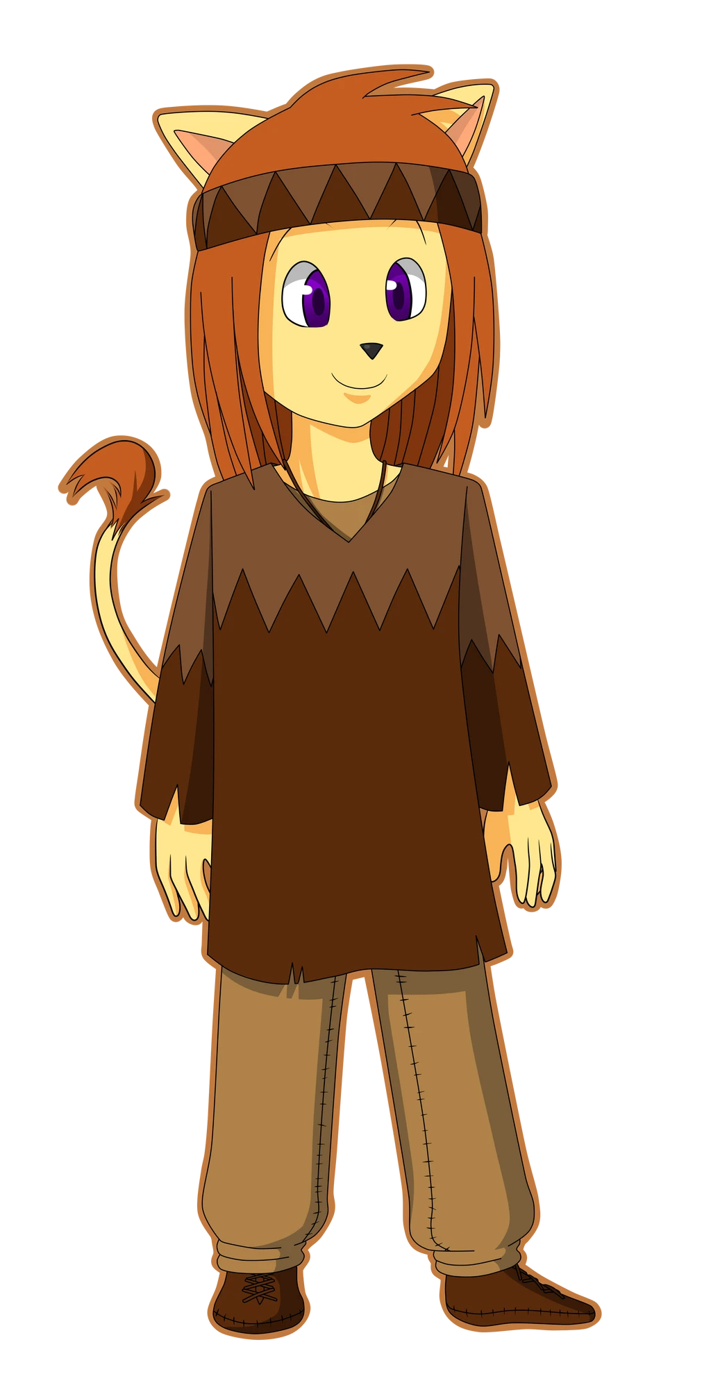 Une dessin chibi de Katos, un lion anthropomorphique couleur sable aux cheveux roux. Il porte une tenue de toile marron/brun, notamment avec un bandeau dans la crinière
