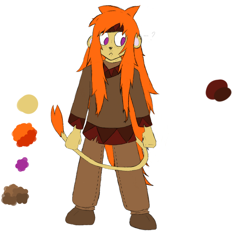 Eune lionxe anthropomorphique non-binaire, avec une grande chevelure orange, une fourrure jaune paille, et une tenue composée d'une tunique et d'un pentalon de toile