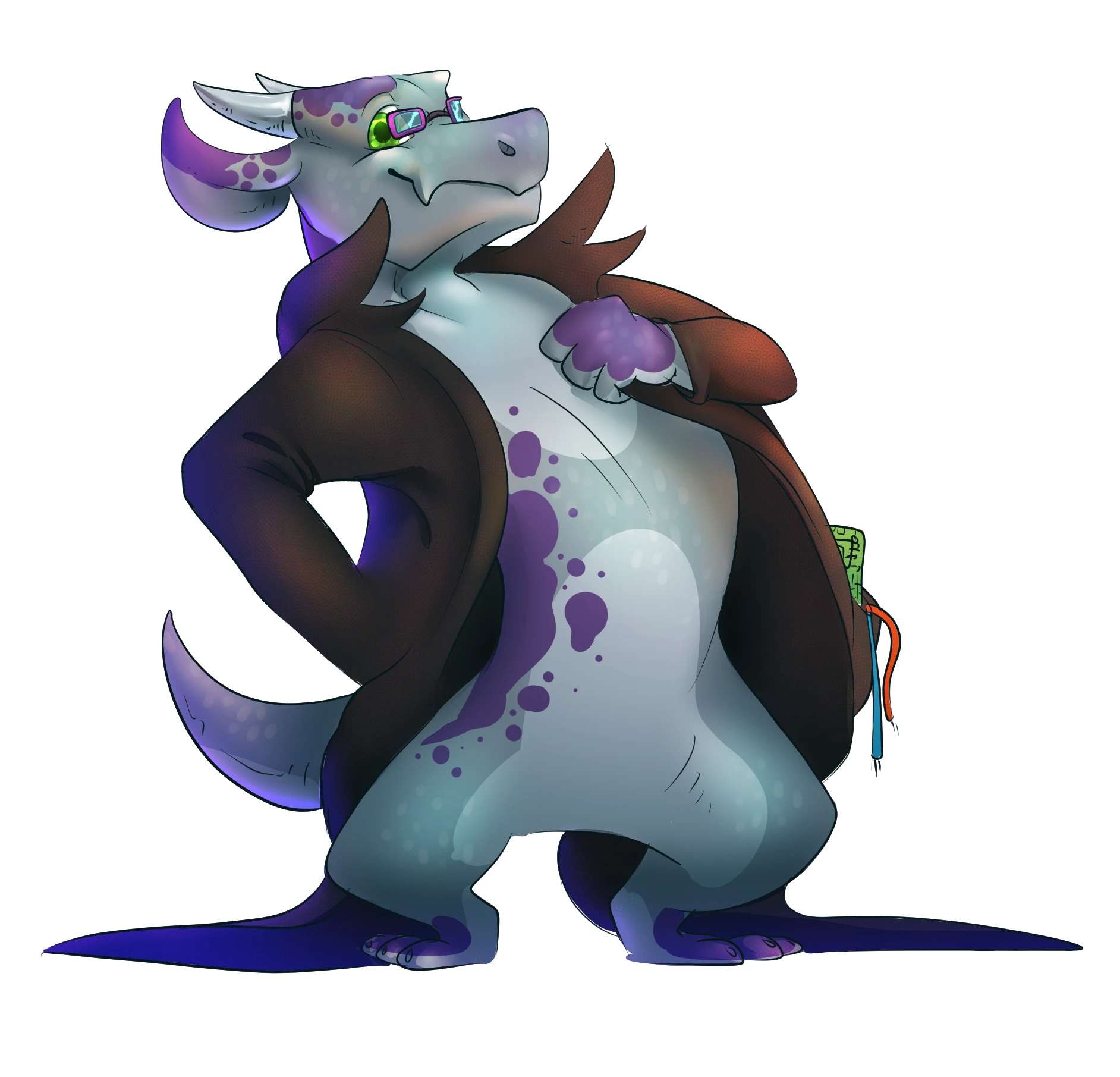Un dessin de Kazhnuz, um kobold grisæ et violetæ binoclairde avec des oreilles un peu de chèvres, avec un manteau noir plein de cables