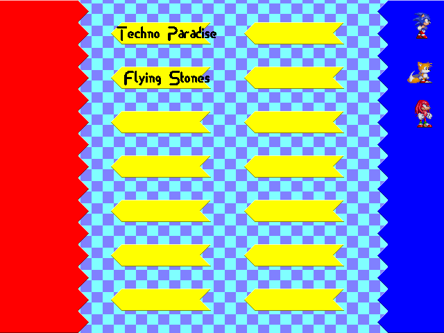 Screenshot d'un menu de ou on voit deux niveau accessible, Techno Paradise et Floating stones, et Sonic, Tails et Knuckles jouable