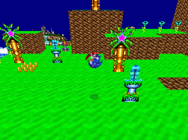 Sonic, en sprite megadrive, dans un environnement blocky un peu futuriste/utopique